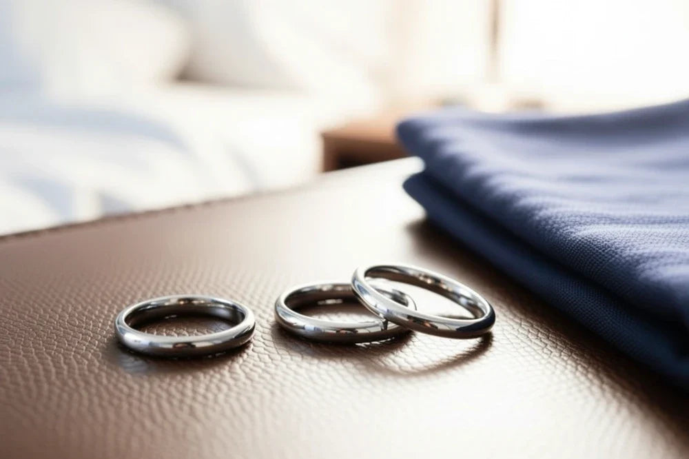 Trois anneaux péniens en métal chromé posés sur du cuir brun