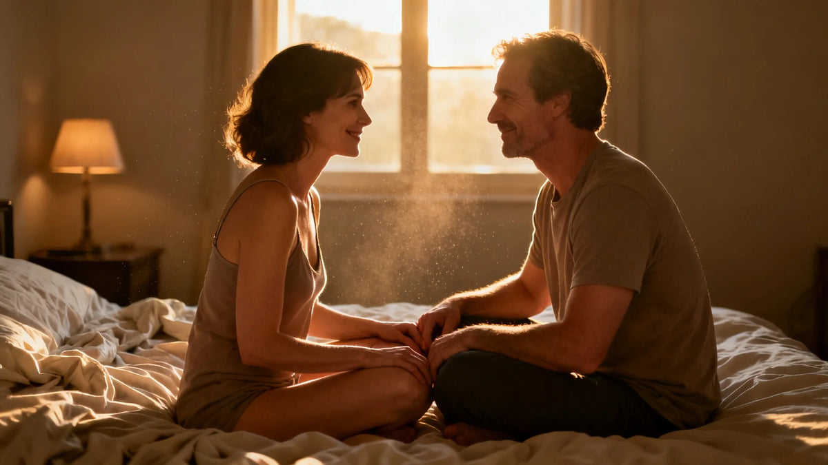 Un couple adulte assis face à face sur un lit défait, les yeux à la même hauteur