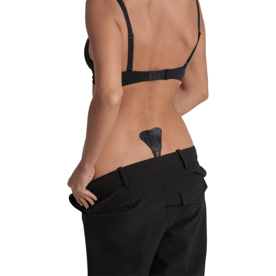 BYE-BRA - TANGA ADHESIVO ENCAJE NEGRO TALLA ÚNICA