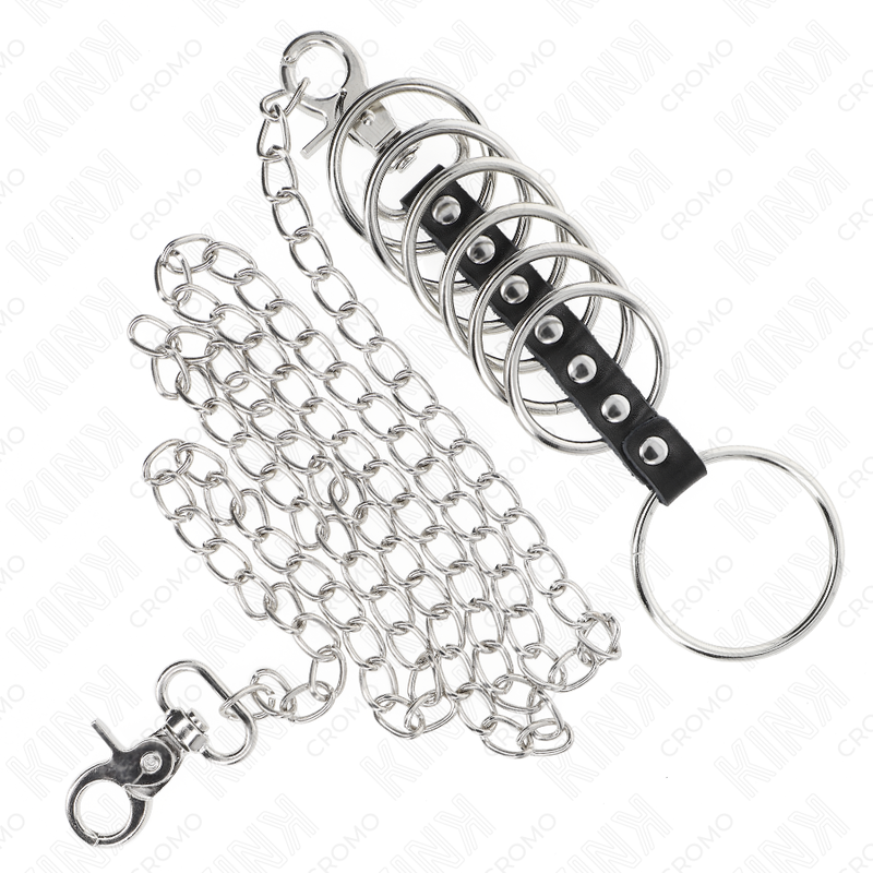 Cockring Set 7 Anneaux Acier Cuir Chaîne 100 cm BDSM - Kink