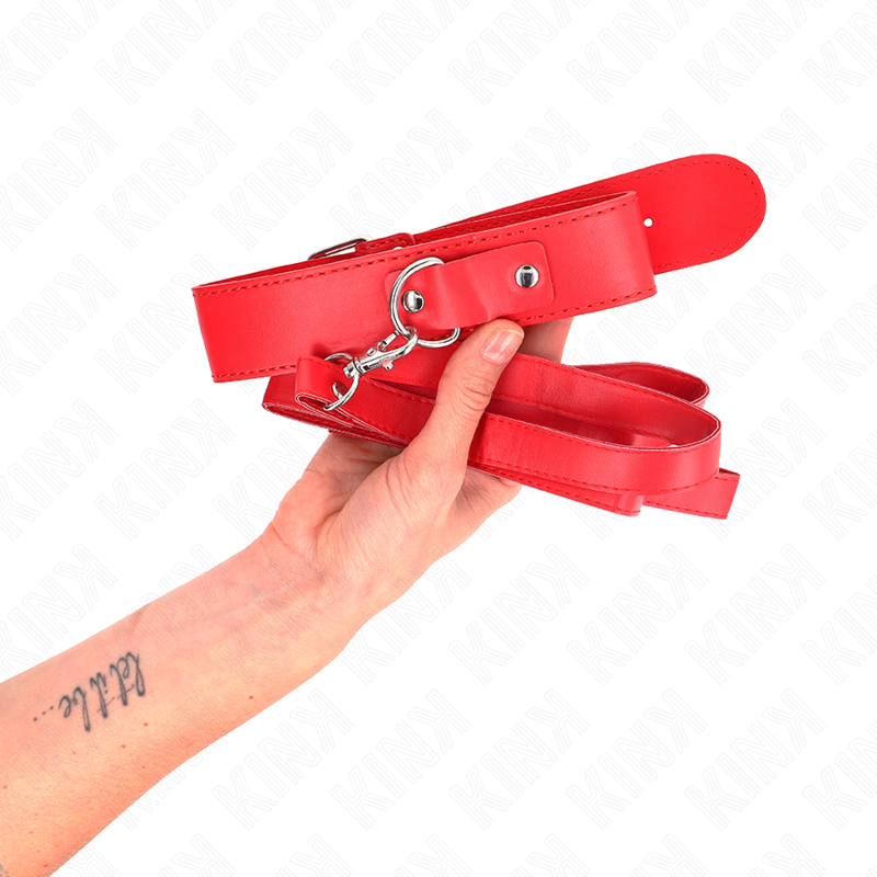 Collier BDSM avec Laisse Rouge Cuir Réglable 32-50 cm - Kink