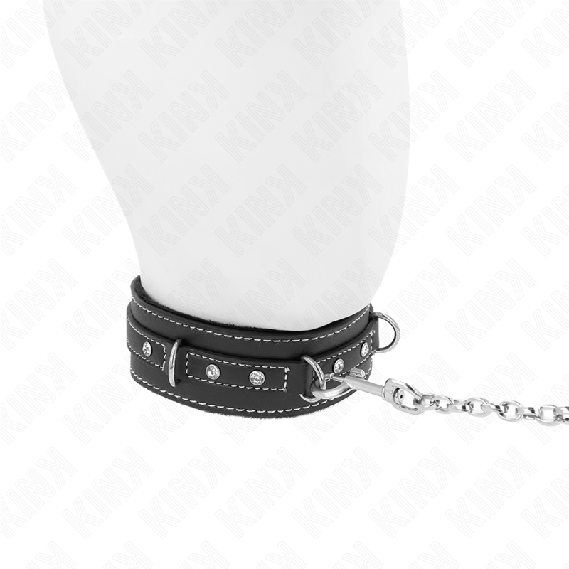 Collier BDSM Cuir avec Laisse 105 cm Rivets Strass Réglable - Kink