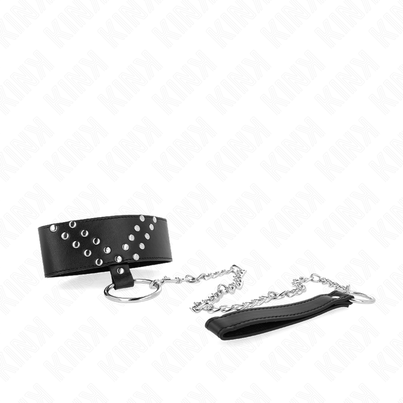 Collier BDSM Cuir avec Laisse Rivet V Réglable 36-43 cm - Kink