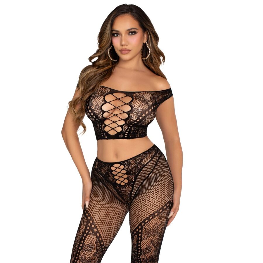 Ensemble Crop Top et Legging Résille Épaules Dénudées Noir - Leg Avenue