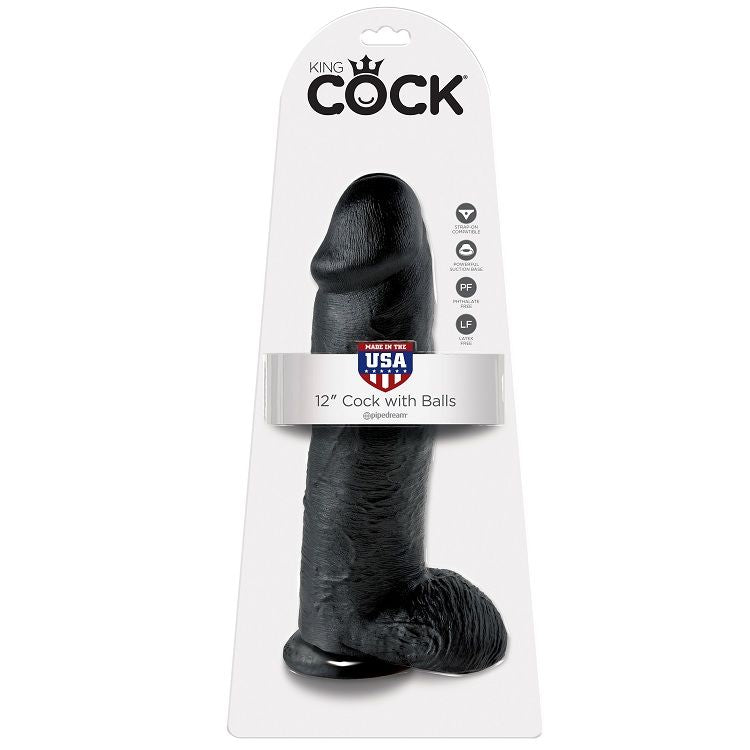Gode Réaliste XL Ventouse avec Boules 30 cm Noir - King Cock