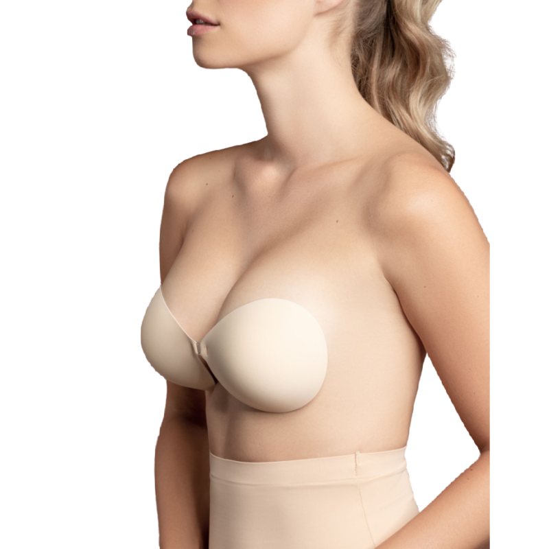 Profil du soutien-gorge invisible Bye Bra beige sur la poitrine, sans bretelles
