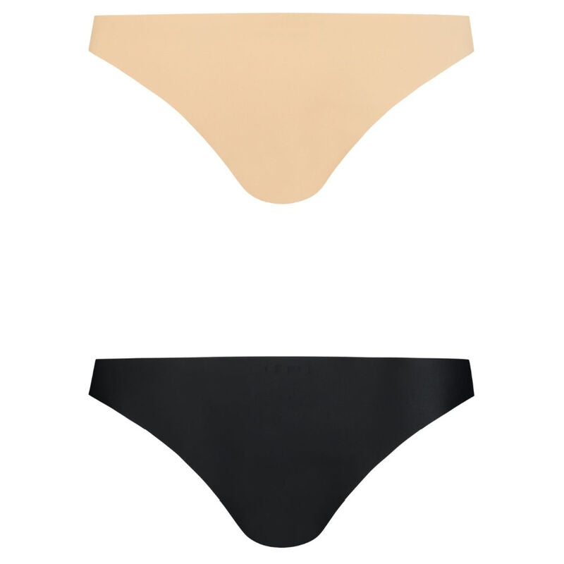 Culottes brésiliennes invisibles Bye Bra beige et noire présentées à plat