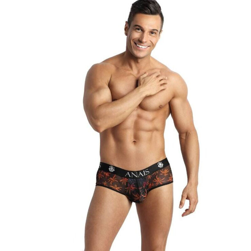 Homme de face portant le jockstrap Bikini Chill Anais Men en tulle noir imprimé
