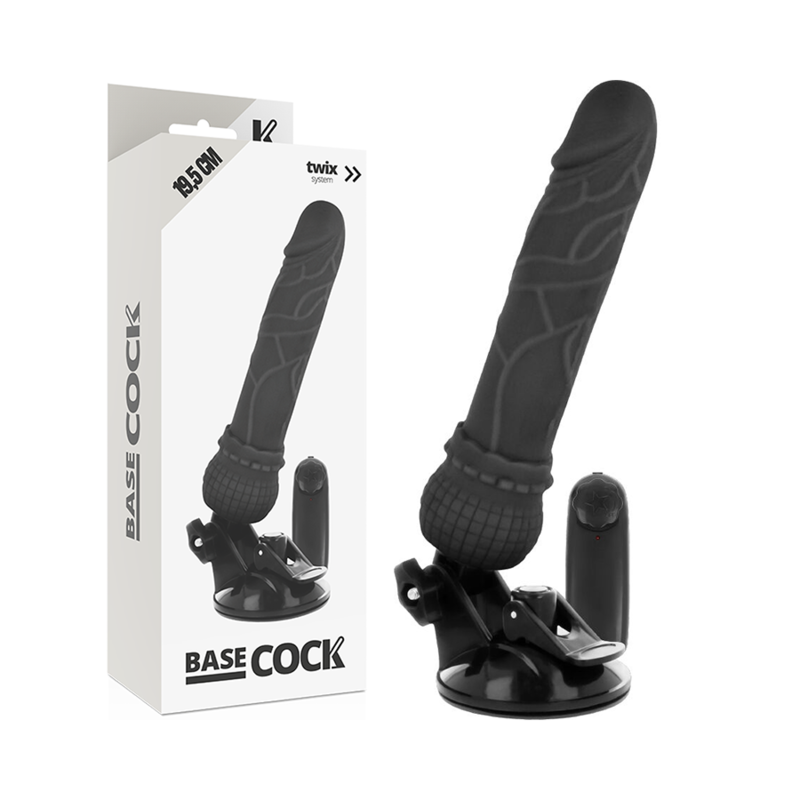 Boîte du gode vibrant réaliste Basecock noir de 19,5 cm et son produit