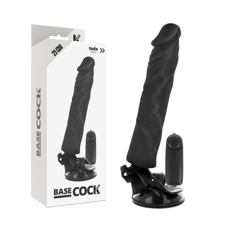 Boîte du gode vibrant réaliste Basecock noir de 21 cm et son produit