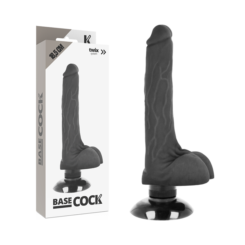 Boîte du gode vibrant réaliste Basecock noir de 18,5 cm et son produit