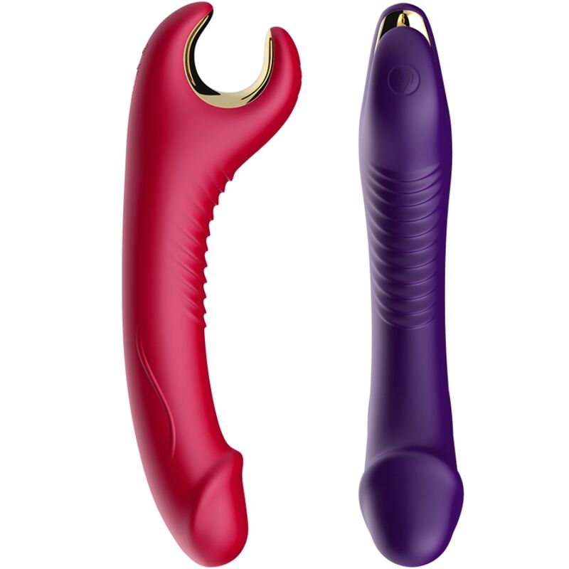 Gode vibrant Prince Armony rouge à côté d'une version violette de profil