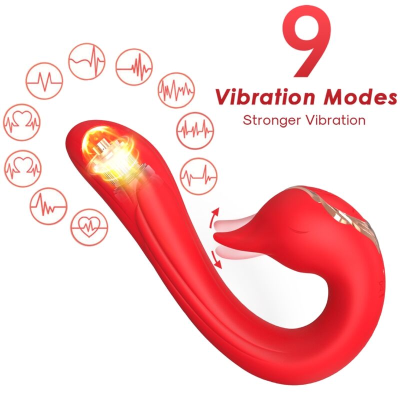 Vibromasseur rabbit Delfin rouge d'Armony, langue en mouvement et pictogrammes des modes