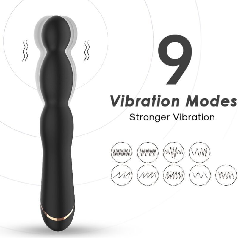 Vibromasseur Bambu noir d'Armony en vibration et pictogrammes de ses 9 modes