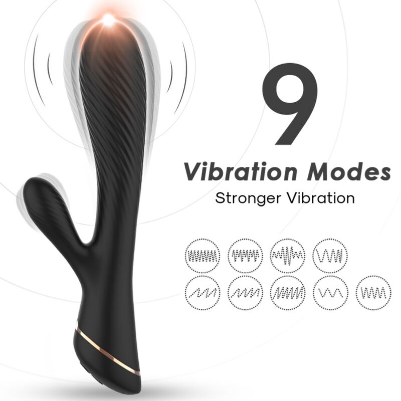 Vibromasseur rabbit noir d'Armony en vibration et pictogrammes de ses 9 modes