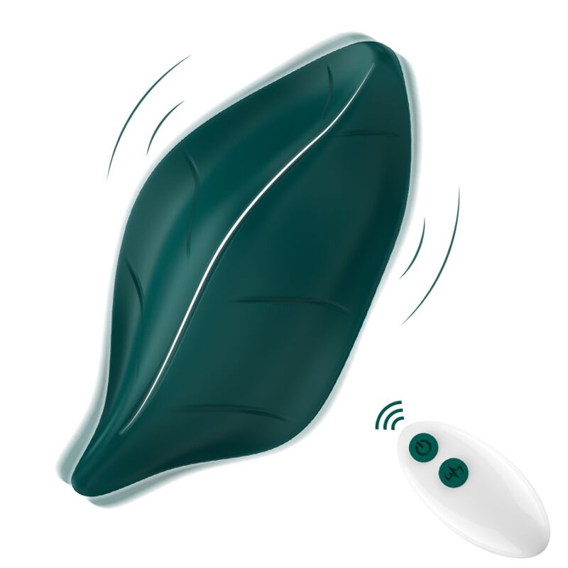 Stimulateur clitoridien Armony en forme de feuille verte et sa télécommande blanche