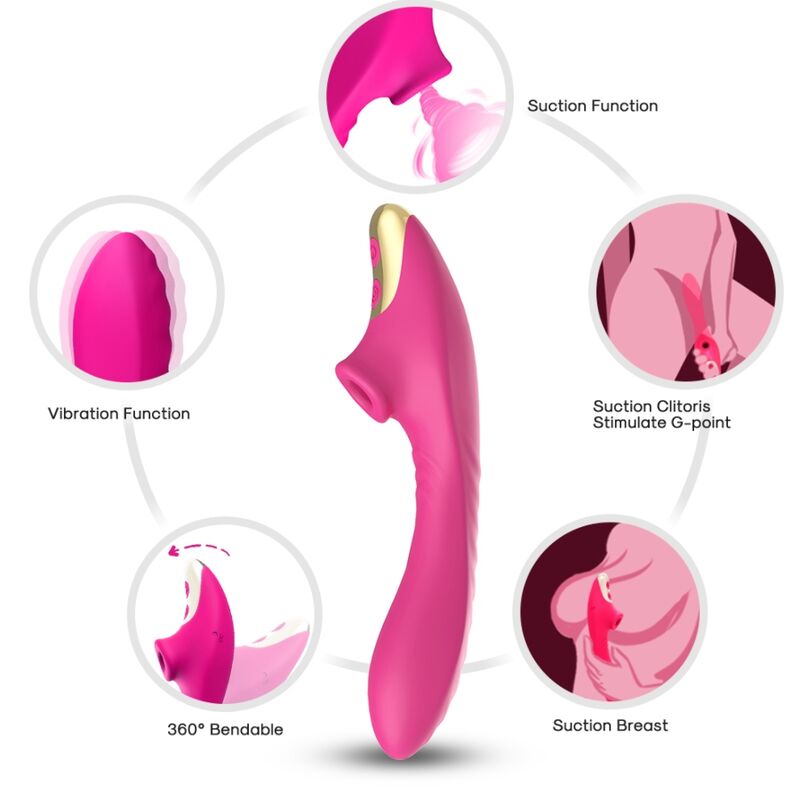 Schéma des fonctions du Dudu fuchsia : succion, vibration et corps pliable à 360 degrés
