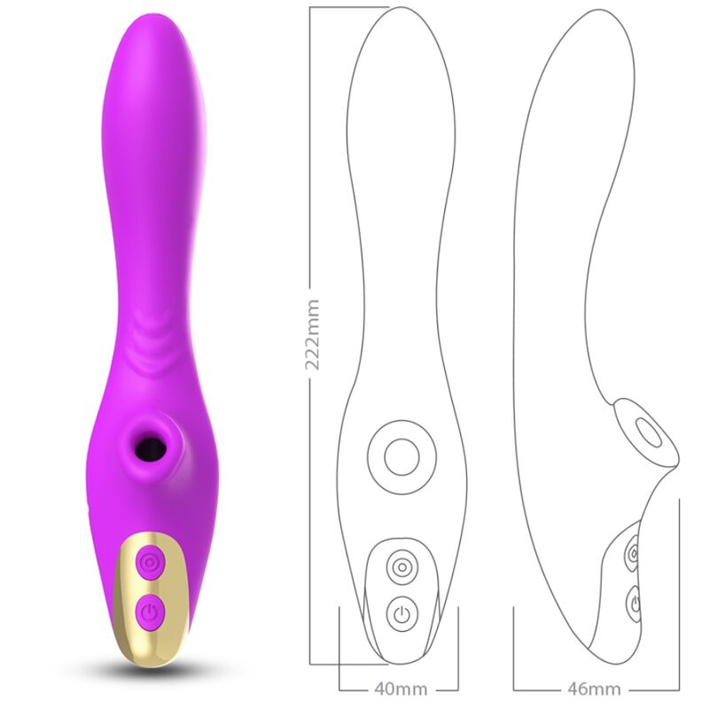Planche de cotes de l'aspirateur clitoridien Dudu violet d'Armony, vues de face et profil