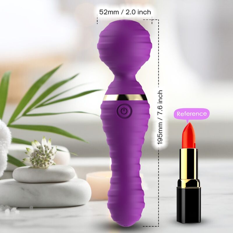 Vibromasseur wand Freedo Armony violet avec ses cotes à côté d'un rouge à lèvres