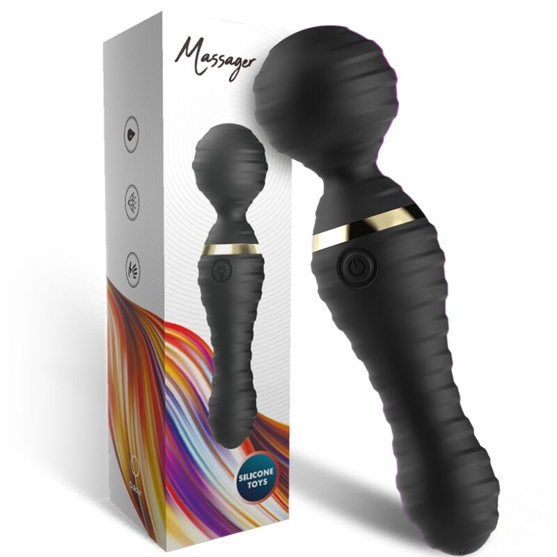 Vibromasseur wand Freedo noir d'Armony devant sa boîte Massager
