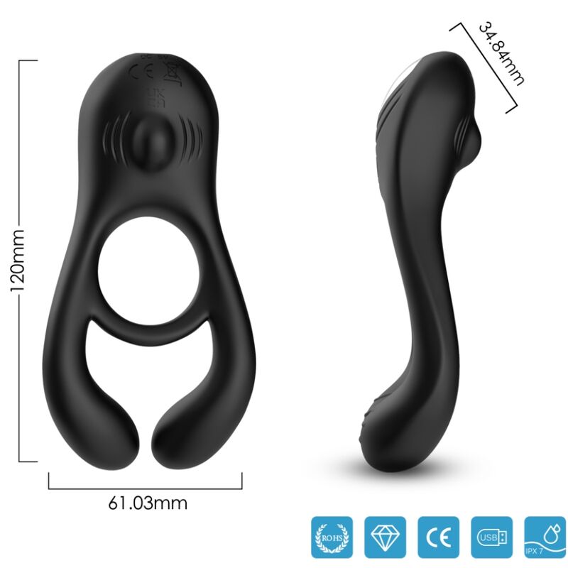 Vues de face et de profil cotées du cockring vibrant Veyron télécommandé d'Armony