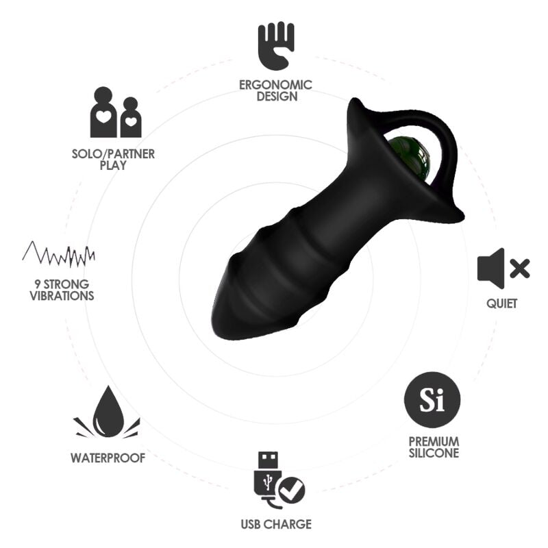 Plug anal Kylin Armony vu de profil avec pictogrammes silencieux, étanche et recharge