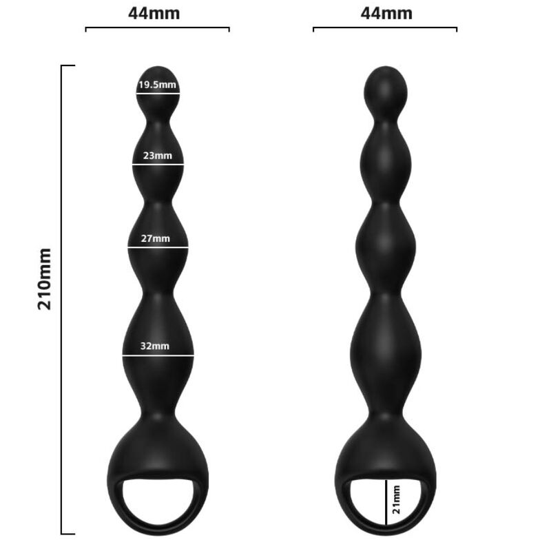 Cotes du chapelet anal Armony : longueur 210 mm et boules de 19,5 à 32 mm