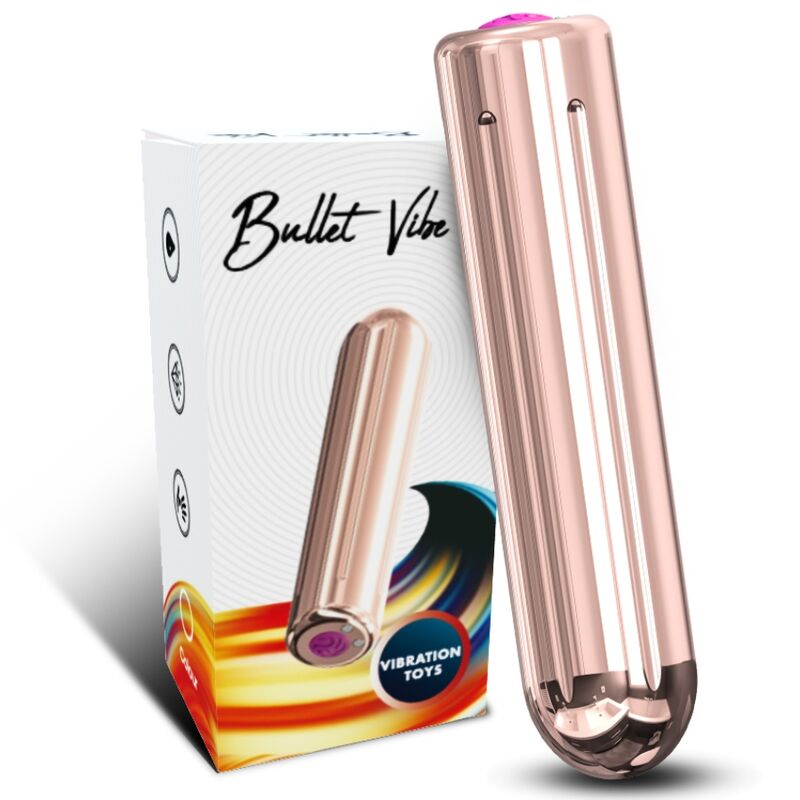 Mini vibromasseur bullet Warhead doré d'Armony devant sa boîte Bullet Vibe