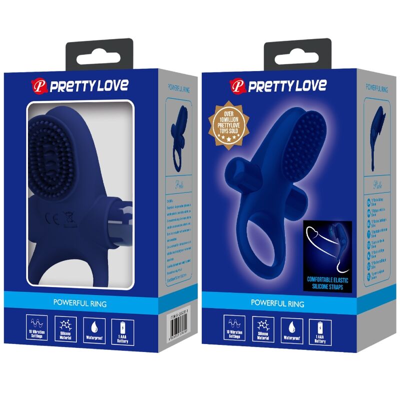 Cockring Vibrant Bleu Silicone 10 Modes Stimulation Clitoridienne - Pretty Love