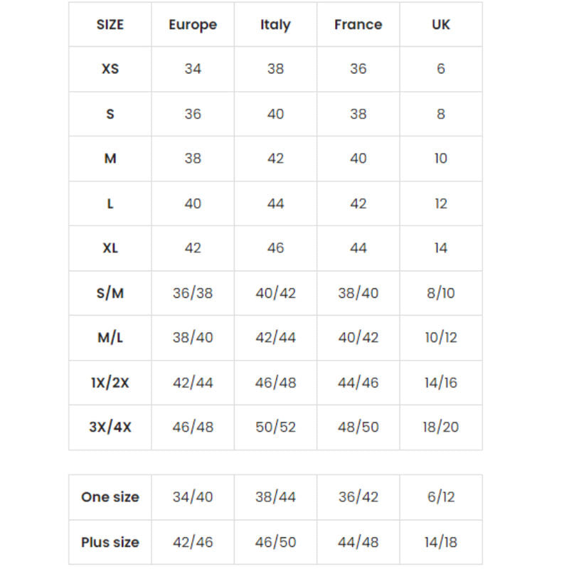 Tableau des tailles Leg Avenue en correspondances Europe, Italie, France et UK