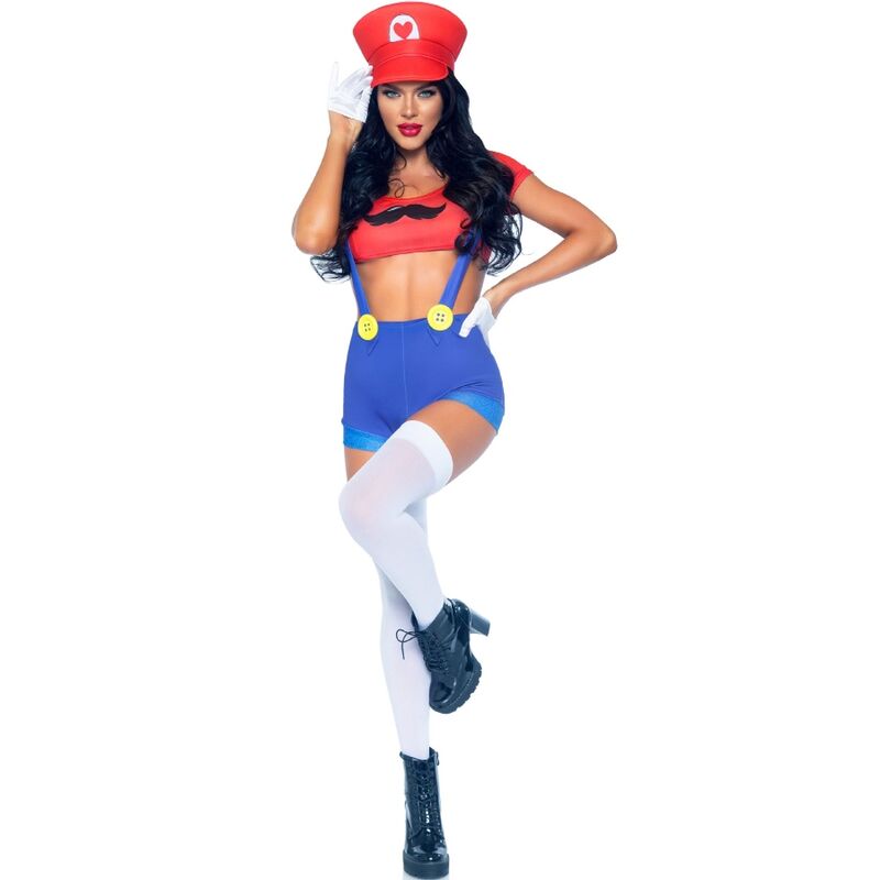 Femme en déguisement plombier Leg Avenue en pied avec casquette rouge et bottines