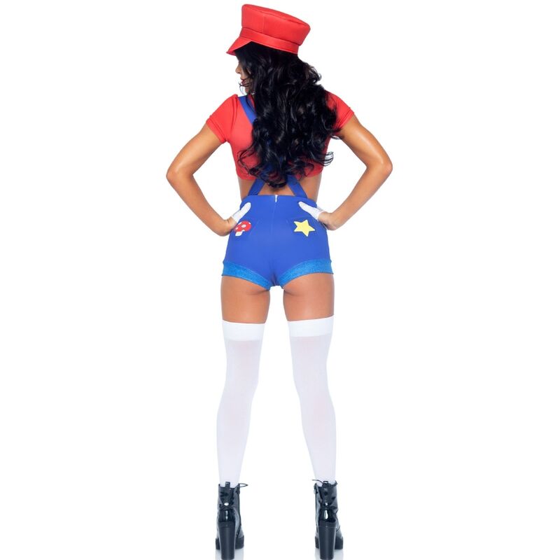 Dos du déguisement plombier Leg Avenue, short bleu à étoile et casquette rouge