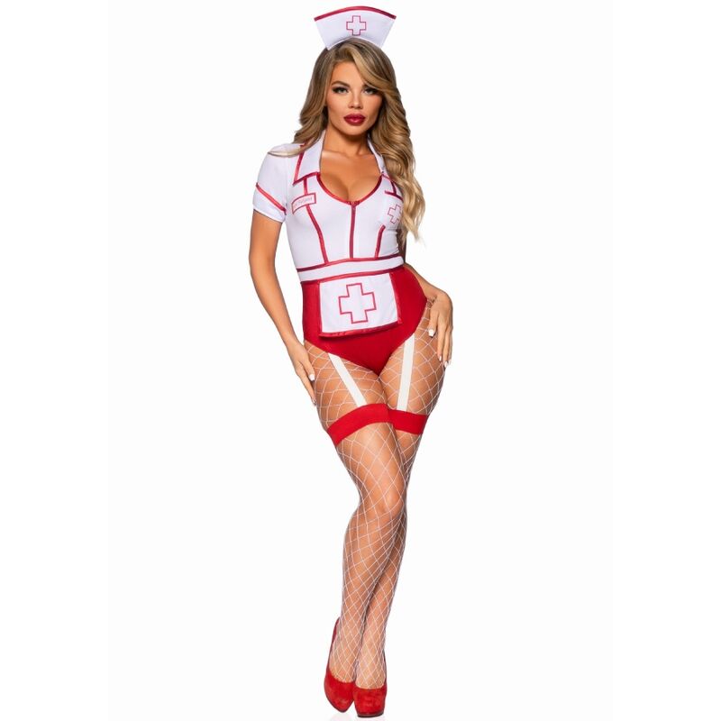 Costume Infirmière Sexy Rouge et Blanc Body Tablier Coiffe - Leg Avenue