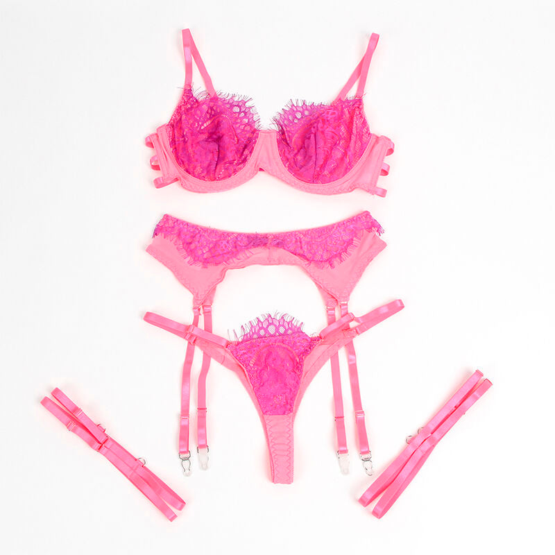 Ensemble Lingerie Soutien-Gorge Porte-Jarretelles Dentelle Vert Rose - Subblime