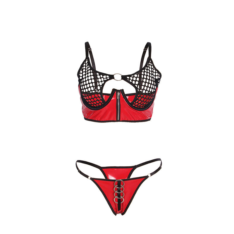 Ensemble Lingerie Soutien-Gorge Zippé String Cuir Verni Résille - Subblime
