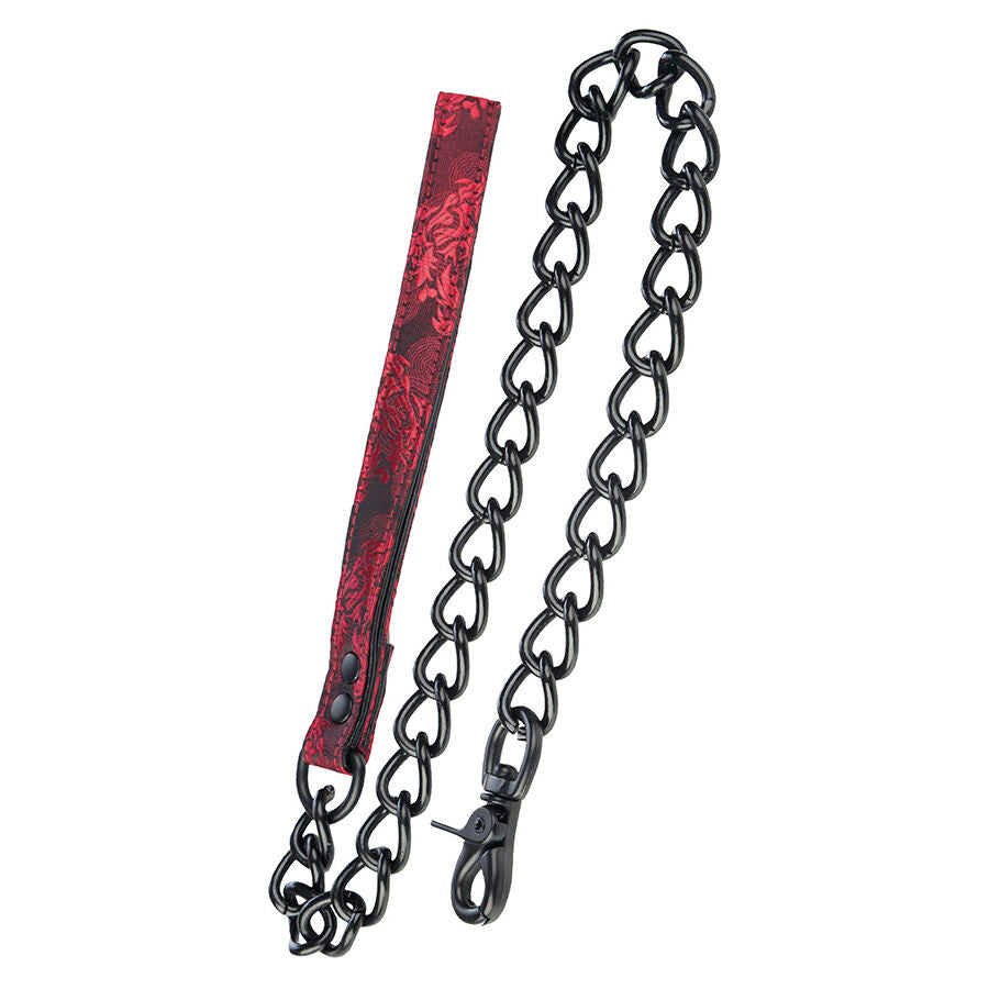 Laisse BDSM Scandal Calexotics à chaîne métal noire et poignée rouge damassée