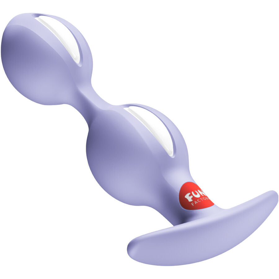 Plug anal B-Balls Duo violet de Fun Factory incliné, base plate en forme de T