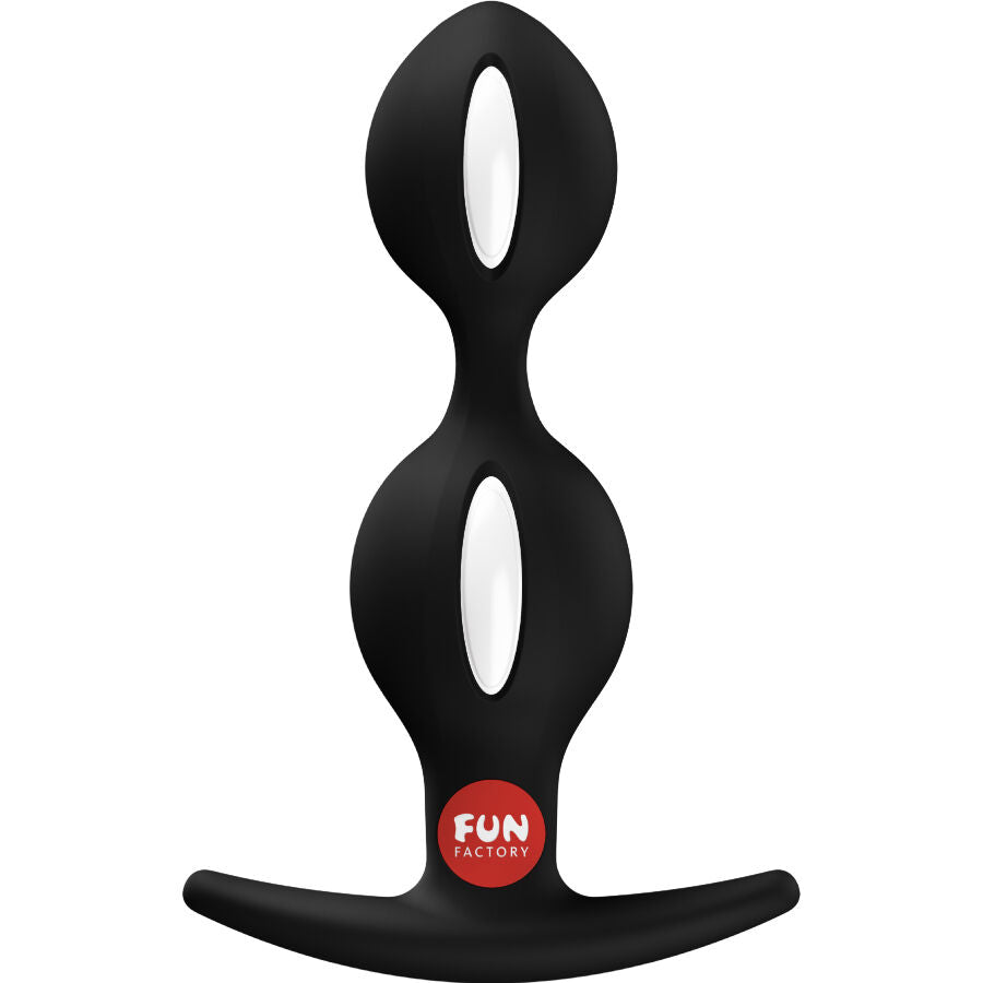 Plug anal B-Balls Duo noir de Fun Factory de face, ouvertures blanches sur les deux boules