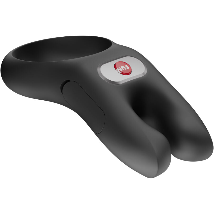 Cockring NŌS noir de Fun Factory couché, bouton de commande et bras flexibles