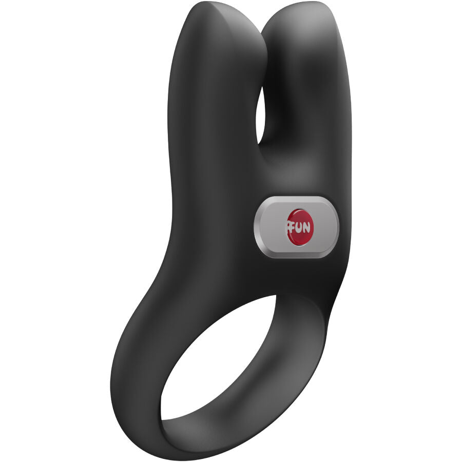 Cockring vibrant NŌS de Fun Factory noir de profil, deux bras dressés au-dessus de l'anneau