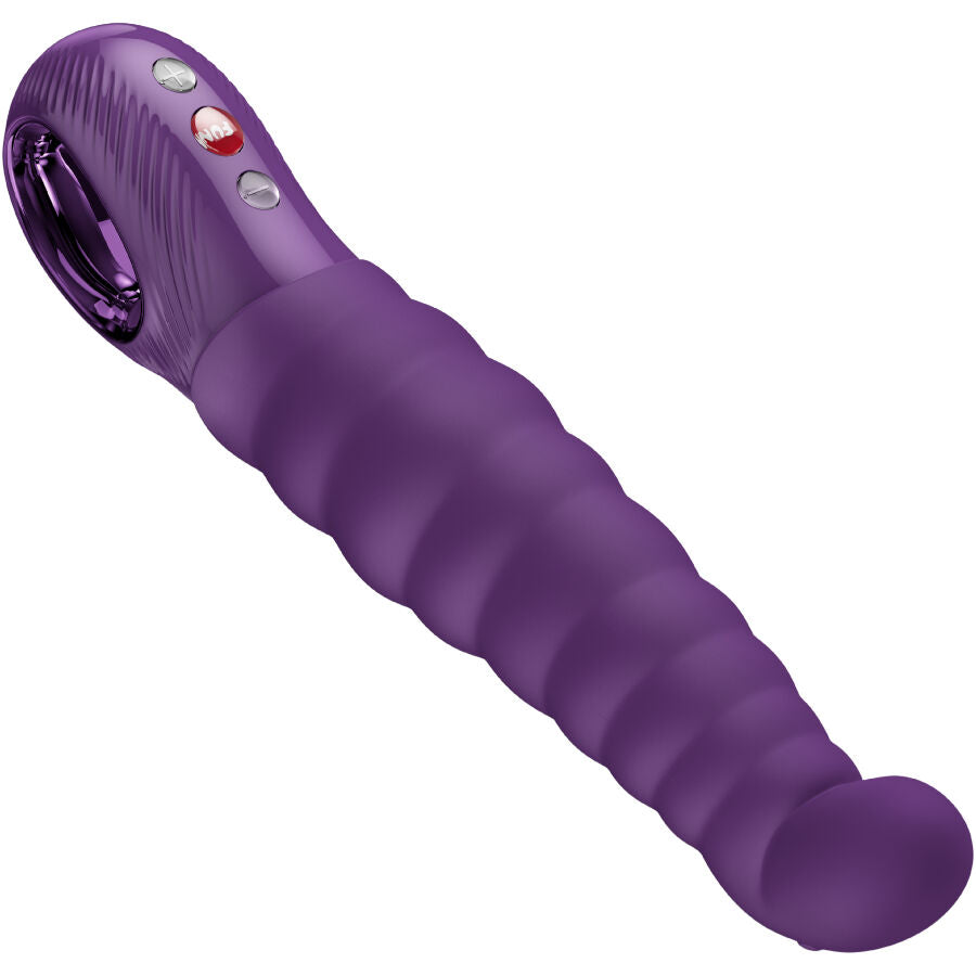 Patchy Paul violet de Fun Factory couché en diagonale, nervures et embout