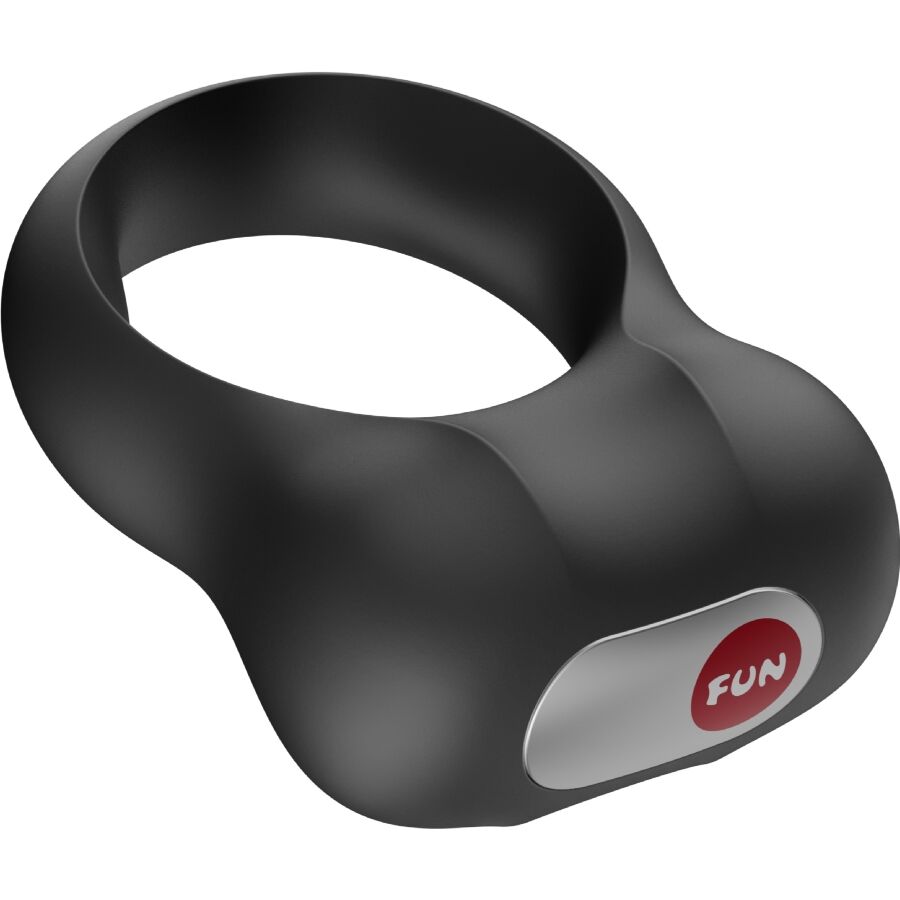 Cockring Steady noir de Fun Factory de trois quarts, anneau et vibromasseur amovible