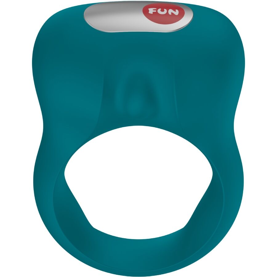 Cockring vibrant Steady de Fun Factory vert vu de face avec son logo sur le vibromasseur