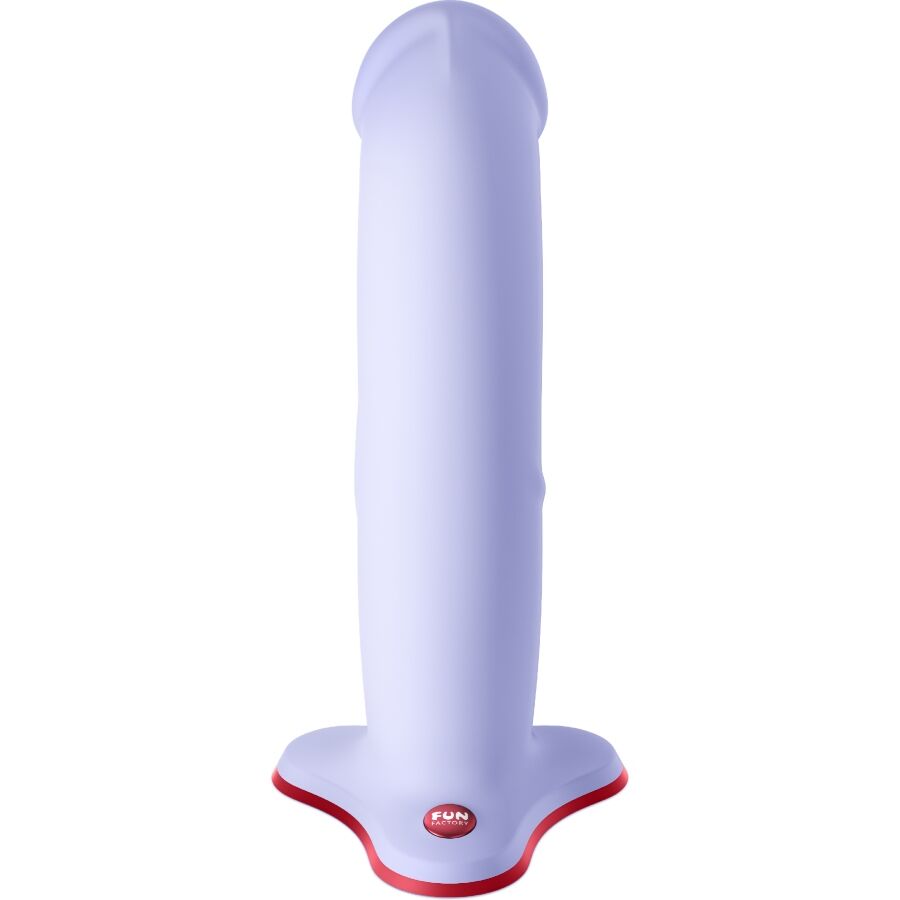 Gode The Boss Stub violet de Fun Factory vu de face, base fine rouge et logo