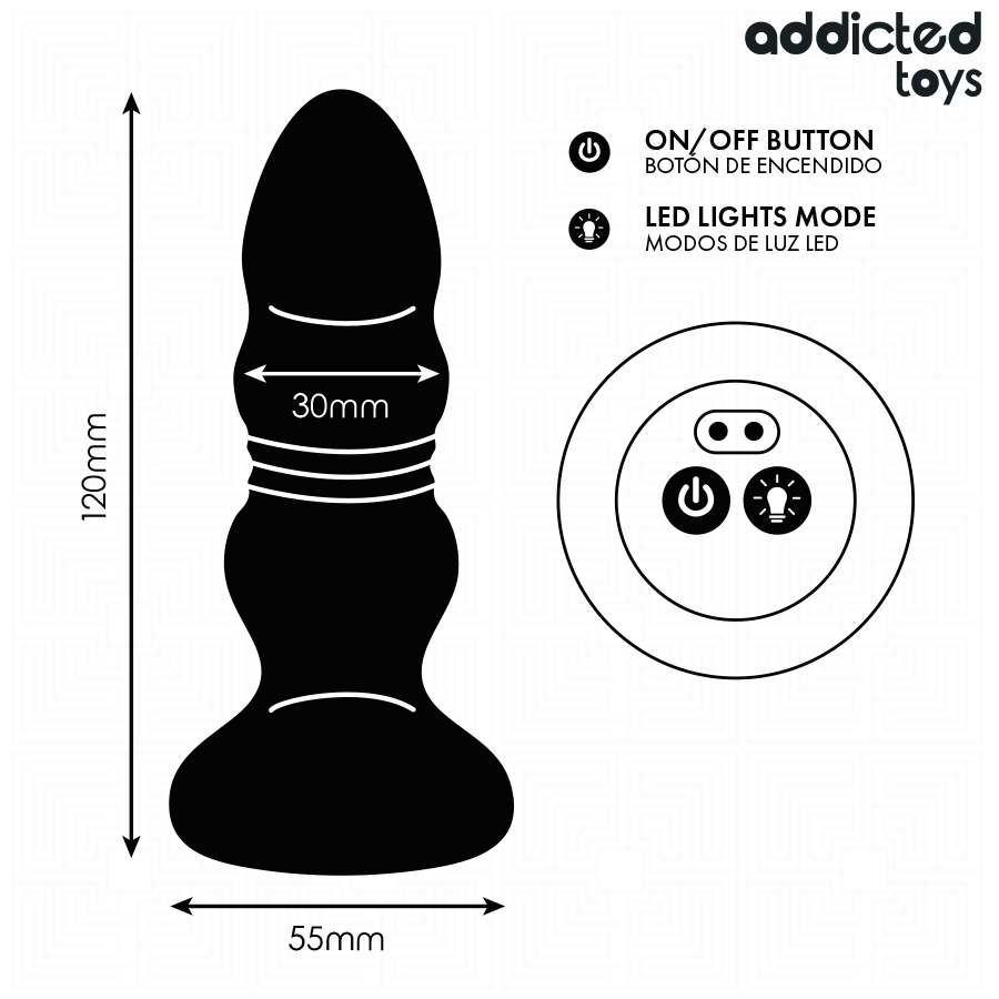 Schéma du plug anal Addicted Toys : longueur 120 mm, diamètre 30 mm et base de 55 mm
