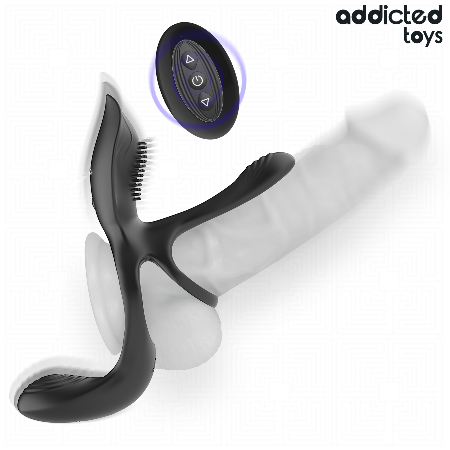 Cockring vibrant Addicted Toys porté sur un gode, télécommande sans fil au-dessus