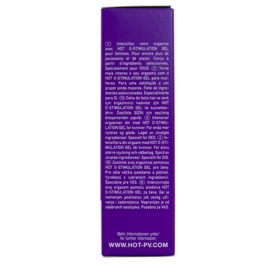 Côté de l'étui du gel stimulant pour femme de Hot, descriptif en plusieurs langues