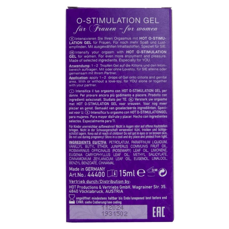 Dos de l'étui du gel O-Stimulation de Hot avec mode d'emploi et ingrédients
