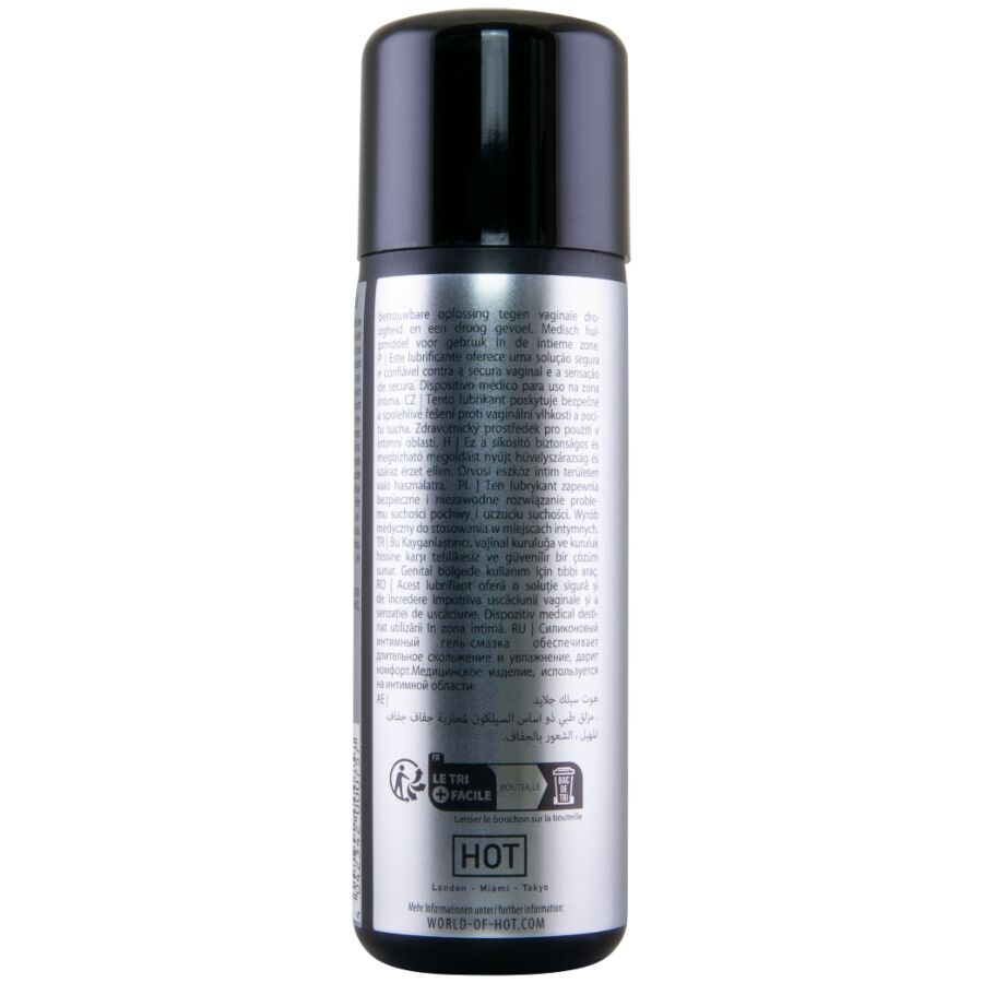 Dos du flacon Silc Glide HOT avec texte multilingue et logo de la marque