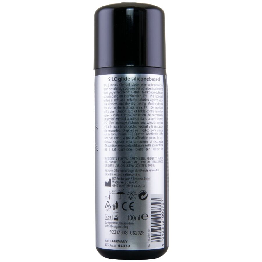 Arrière du flacon de lubrifiant silicone Silc Glide HOT avec ingrédients et mentions